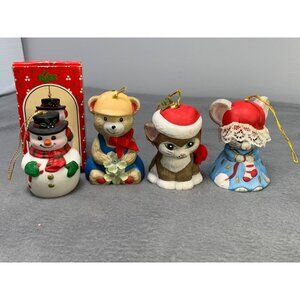 Vintage Russ Jasco Christmas Hanging Bell Ornaments 90s Snowman Bear Cat & Girl